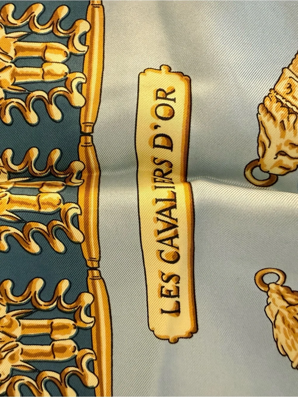 Authentic Hermès Les Cavaliers D'Or Silk Scarf 90 Teal Gold Vintage